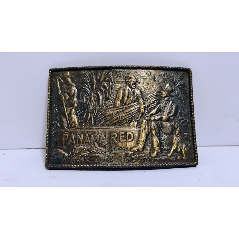 VINTAGE 70'S PANAMA RED BRAND TOBACCO 3.5” ENGRAVED METAL BELT BUCKLE
